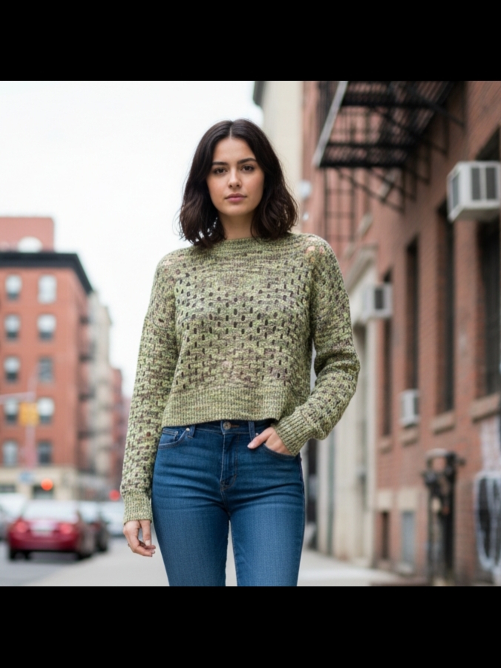 Unique Lace-Up Back Knit Sweater – Green Textured – Trendy NYC Style